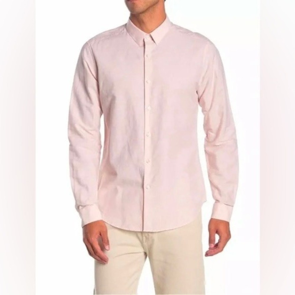 Theory Men's Ramiro Linen Cotton Woven Zack Button Down Shirt Pink S Old Money
